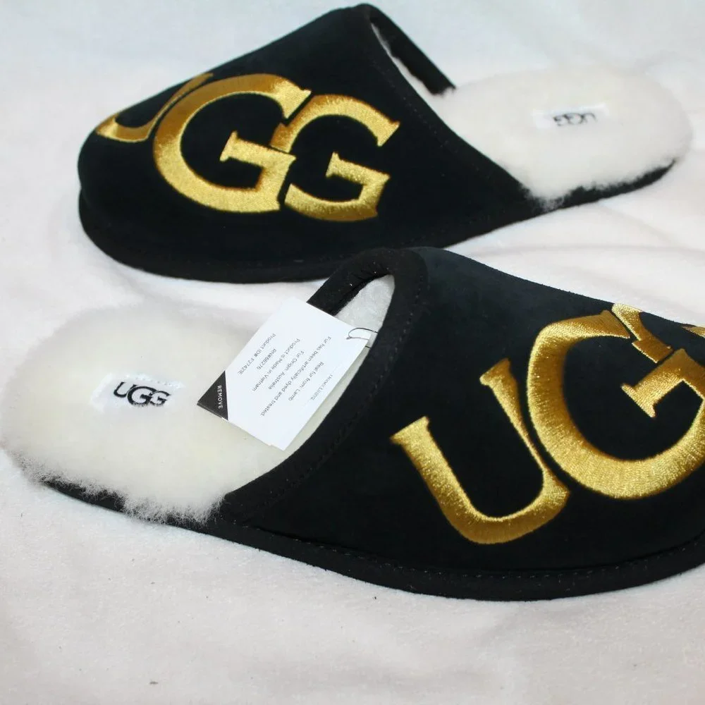 NIB UGG MEN'S LOGO SCUFF SUEDE SHEARLING SLIP ON SLIPPER‎ BLACK GOLD 8